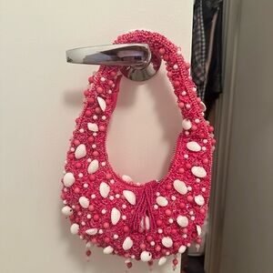 Pink Beaded Handbag with White Accents